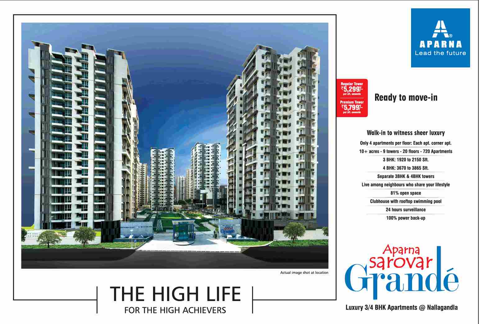 Aparna Sarovar Grande - The high life for the high achievers in Hyderabad Update